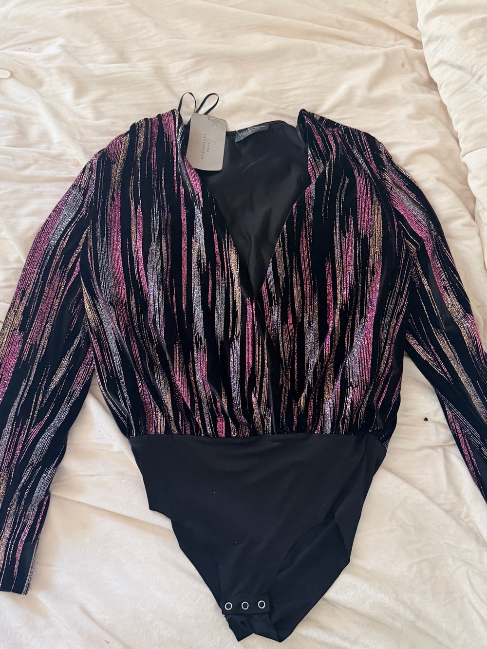Zara Black Bodysuit with Pink and Gold Metallic Stripes